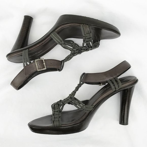 CALVIN KLEIN Brown Crochet Leather Wood Heels Sz10 - Picture 4 of 8